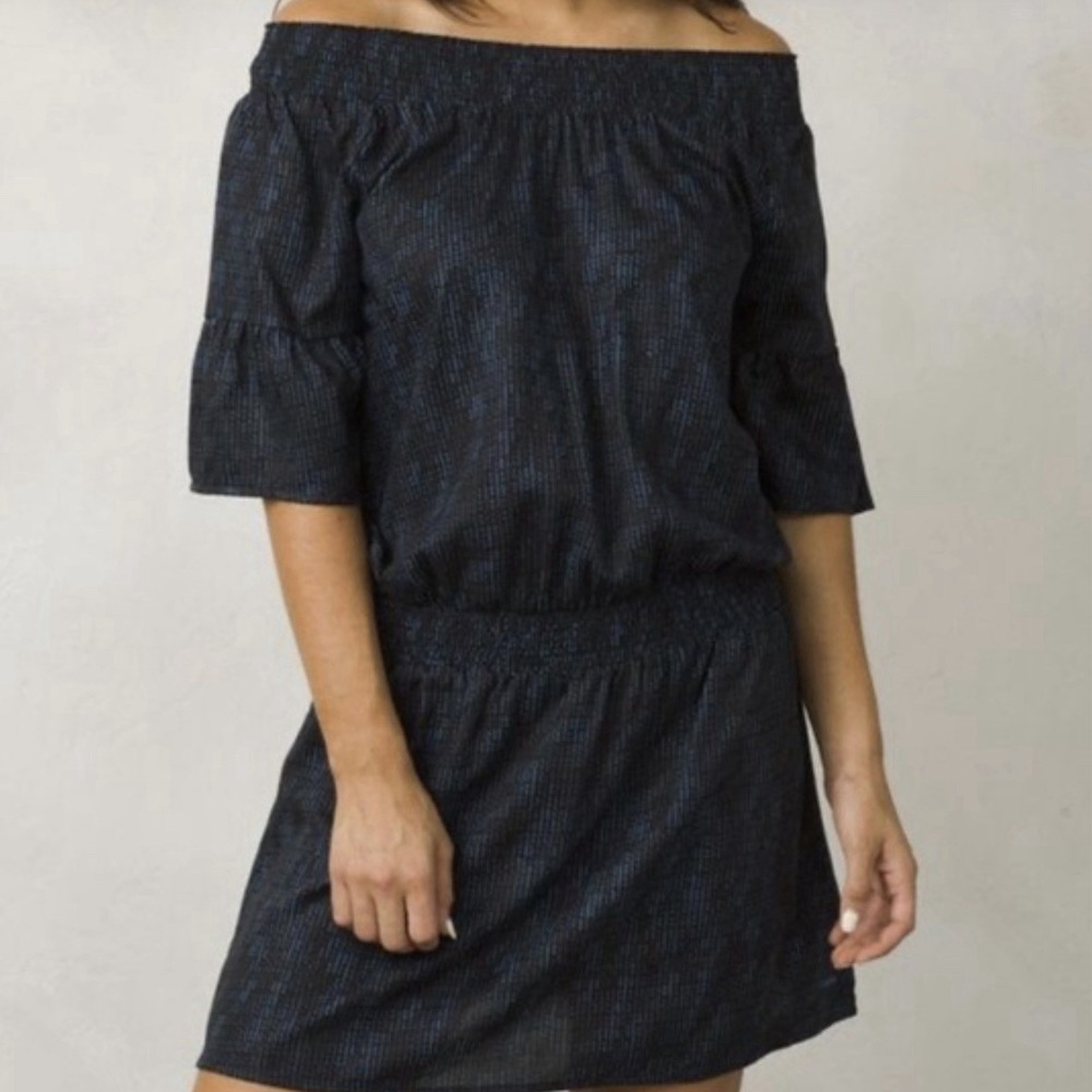 Prana Women's Black Lenora Off-Shoulder Flounce Sleeve Dress Medium Elastic